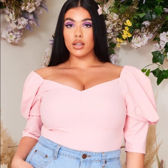 Pretty Little Thing Plus Dusty Pink Woven Puff Sleeve Bodysuit - Picture 1 of 11